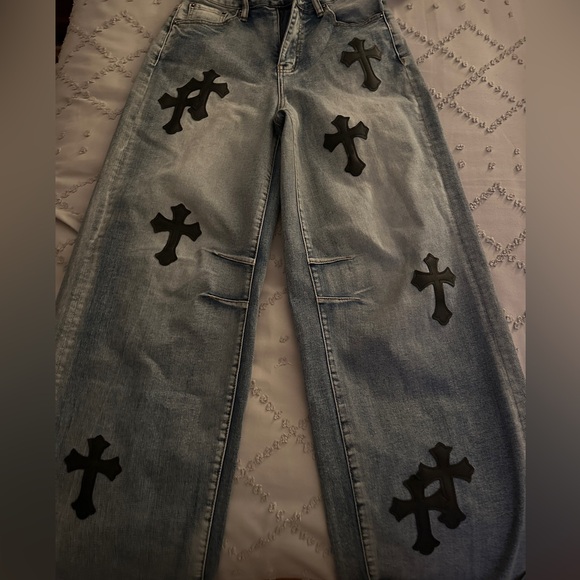 Rehab Lab Denim - Women's Straight Leg Jeans with Black Cross Patches
